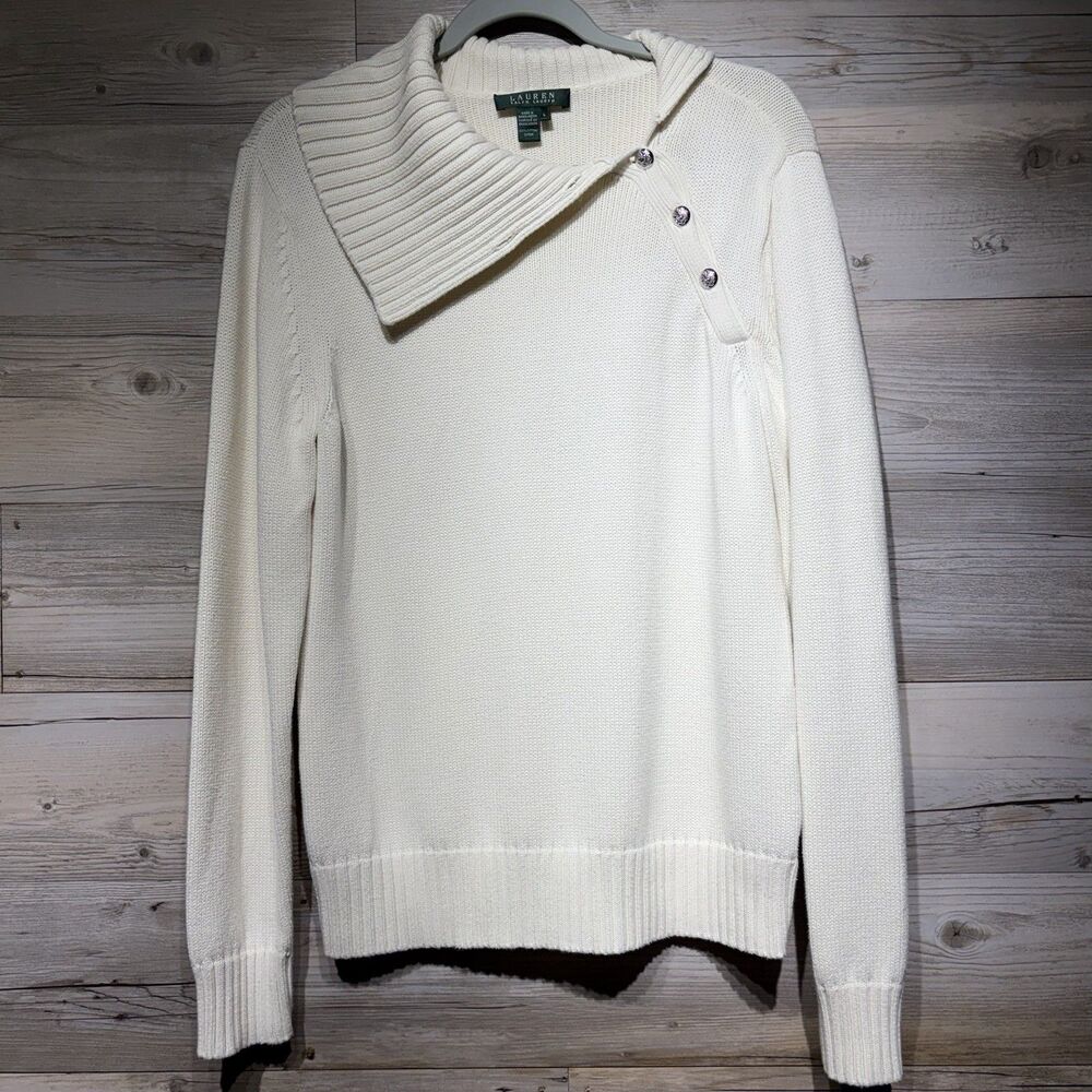 Lauren Ralph Lauren Sweater Crest Button Cowl Neck Cream Size Large Old Money